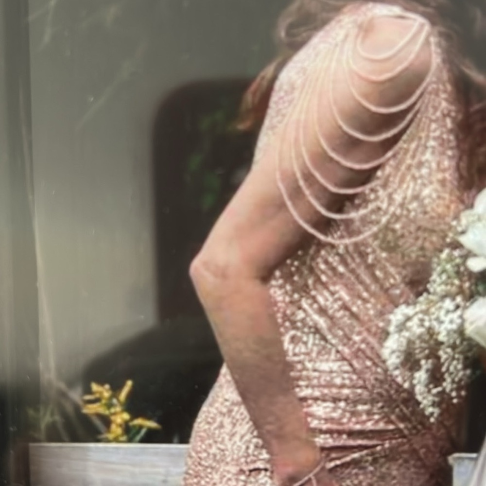 Elegant rose, gold sequence dress.